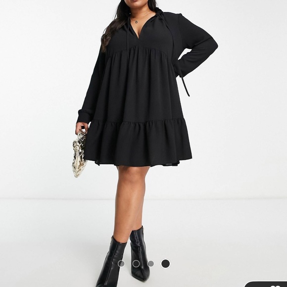 ASOS DESIGN CURVE pie crust neckline tiered smock mini dress in black - Picture 4 of 4